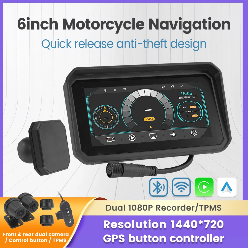 

6 "Мотоцикл CarPlay Android Автомобильная навигация DVR Видеорегистратор с защитой от сотрясений Водонепроницаемая магнитная основа Противоугонный экран мотоцикла