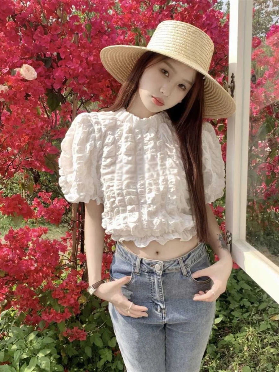

Faionable Textured ort Sve irt Women's High Waist ort Design Summer Ele Bubble Sve Top Commute Slim Fit Pur...