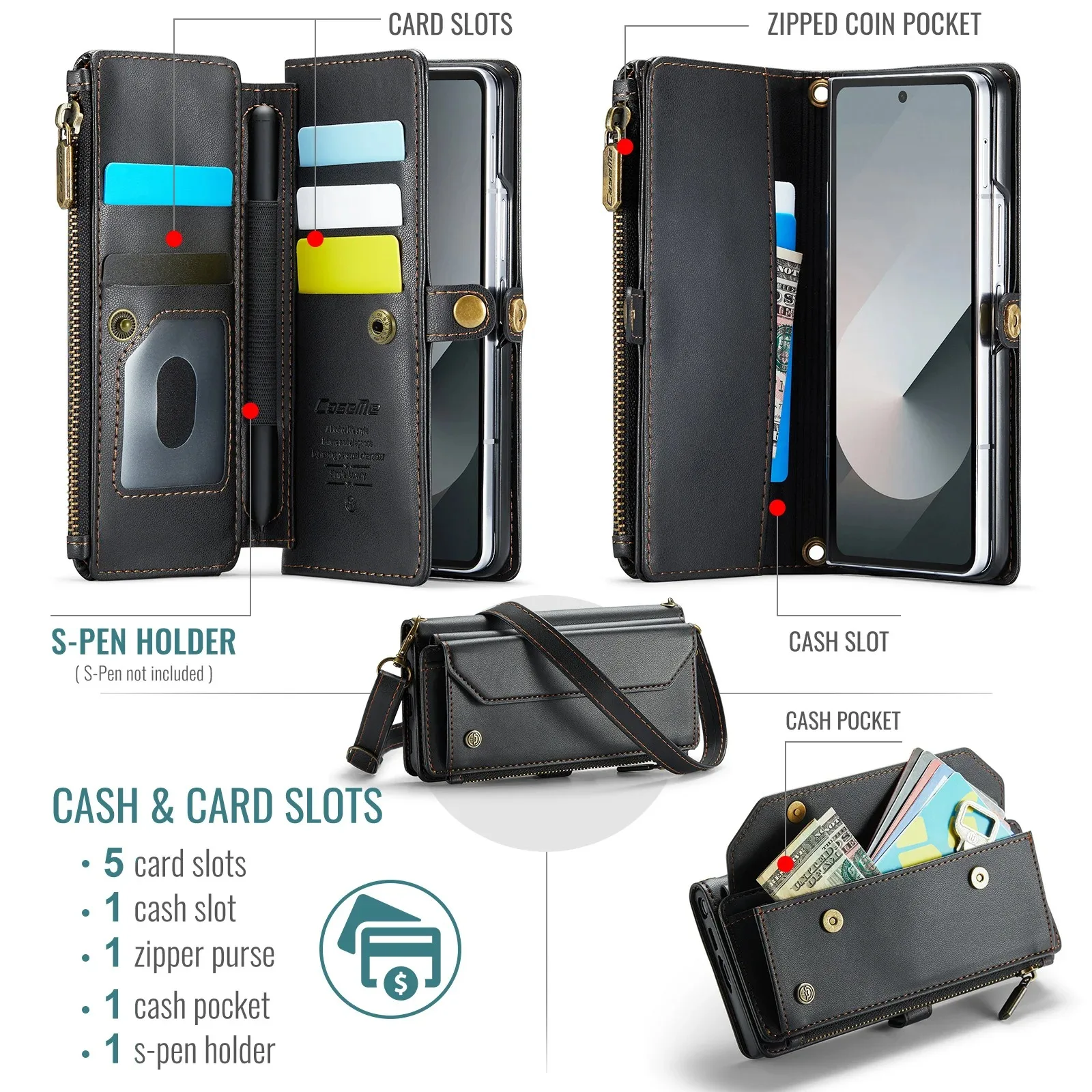 

Case Suitable For Samsung Galaxy Z Fold 7 6 5 4 PU phone case Leather Strap Zipper Card Holder Phone Wallet Case