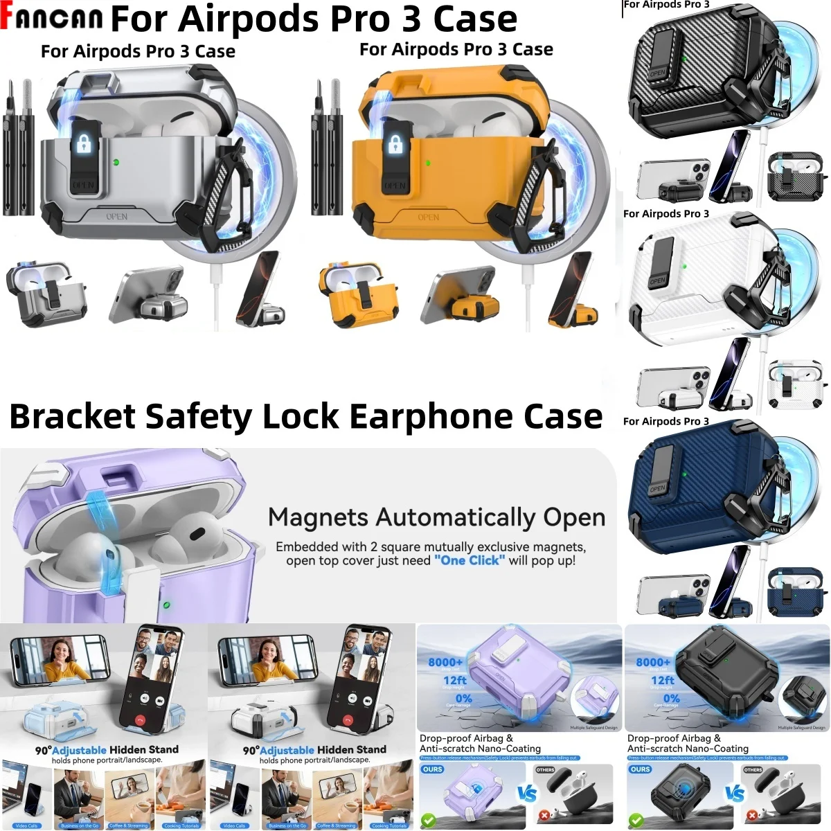 (2025) Capa para AirPods Pro 3 Suporte de telefone com trava segura Capa dura com caneta de limpeza e chaveiro Capa protetora para Airpods Pro 3 Gen