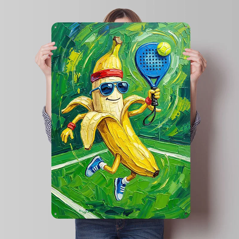 Banana Playing Tennis Painting Poster Customized Vintage Metal Signs Wall Art Retro Tin Plaque for Decoration Home Office Decor