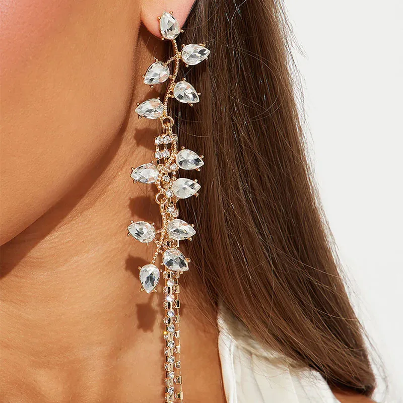 New leaf fringed earrings temperament long rhinestone earrings stage accessories women's earrings