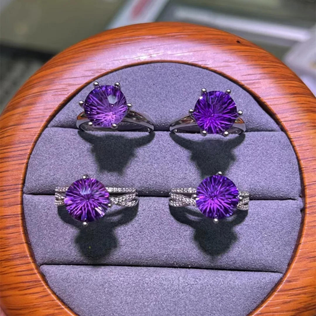 

1Pc Fengbaowu Natural Amethyst Ring 925 Sterling Silver Round Faceted Reiki Healing Stone Fashion Crystal Jewelry Gift For Women