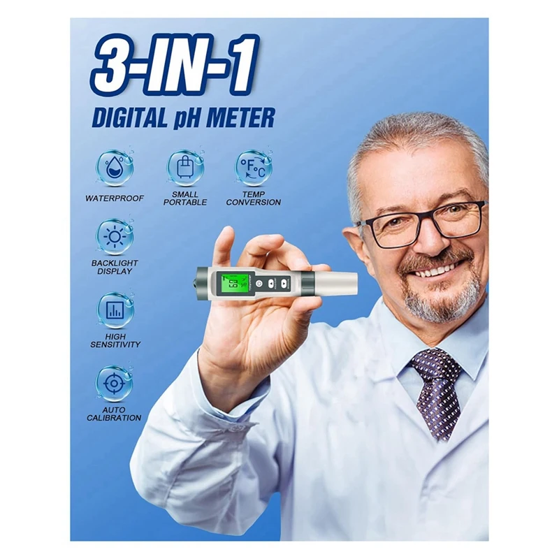 جهاز اختبار جودة مياه رقمي عالي الدقة ، سهل الاستخدام ، TDS ، PH ، درجة حرارة ، 0-14 PH ، 3 في 1