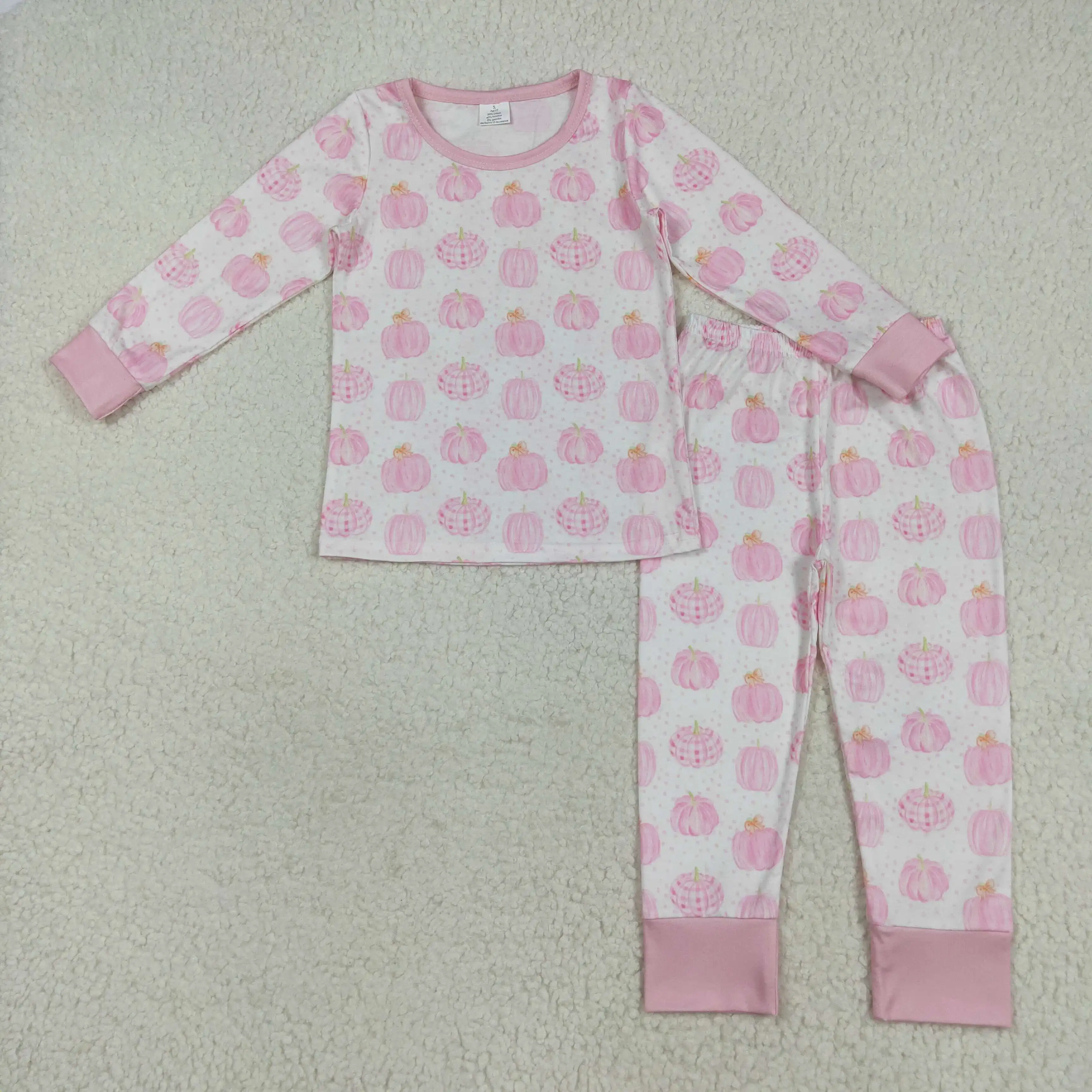 

Thanksgiving girls winter clothing wholesale boutique bamboo pumpkin pattern pink and white long sleeve long pants pajamas set