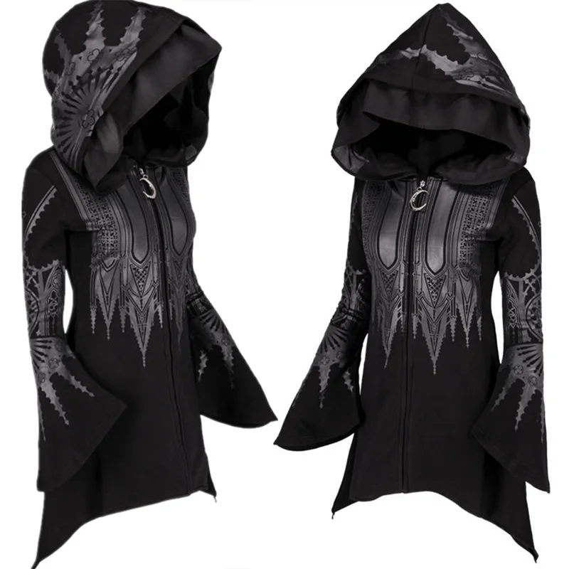 European American Style Punk Gothic Zip Up Hooded Sweatshirt for Women Autumn Winter Fashion Black Printed Hoodie Y2k Streetwear