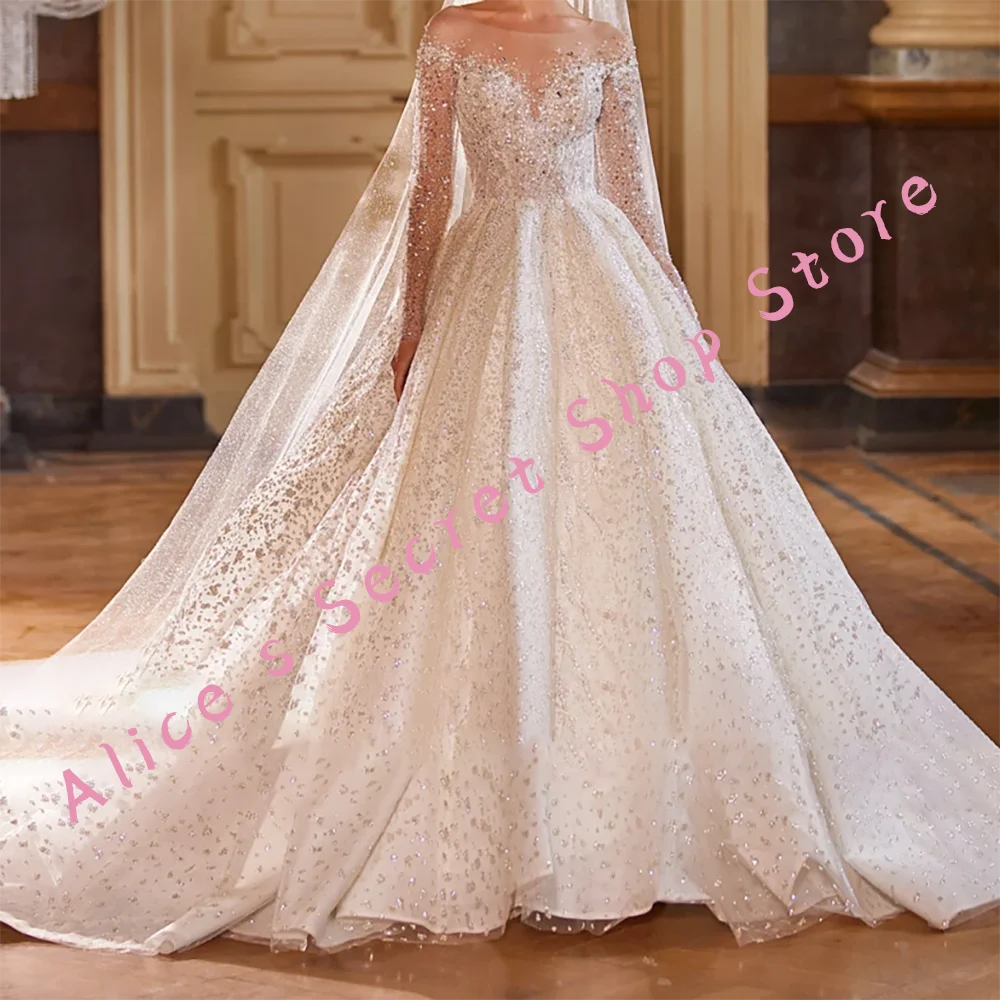 

Luxury Off Shoulder Beading Sequined Lace A-Line Bride Wedding Dresses Bridal Gowns Customized