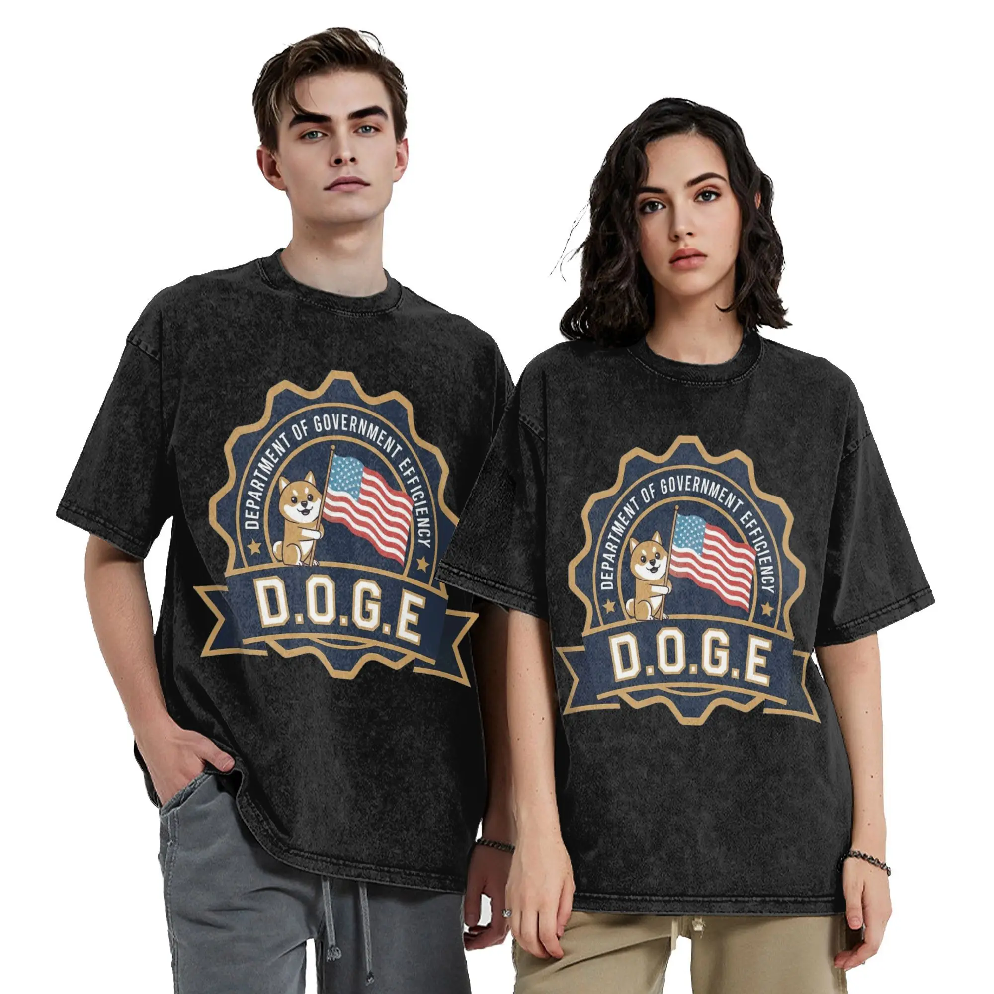 D.O.G.E Star Badge Patriot Flag Bearer Emblem  Washed T Shirt Vintage Harajuku Men Women  Hiphop T-Shirts Tee Short Sleeve