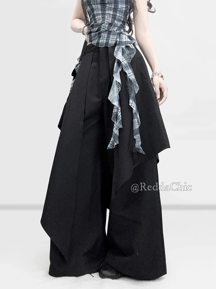REDDACHiC Women Skirt Layered Black Suit Pants Grunge Irregular Low Rise Stitch Baggy Dressy Trousers Simple Alternative Clothes