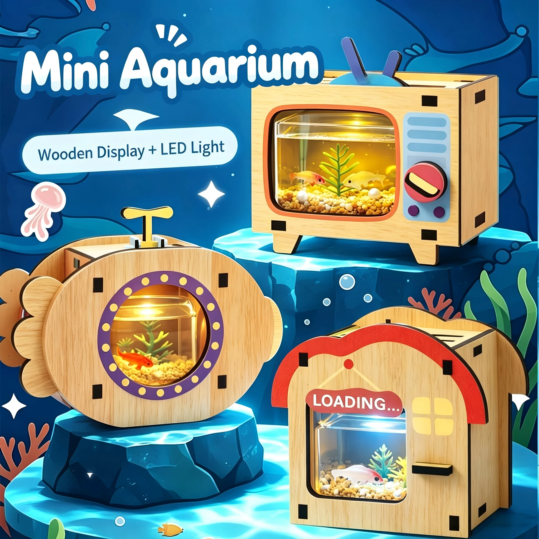 Mini Aquarium DIY Craft Set Wooden Aquarium Model Micro Landscape Scene Making Kit Handmade Desktop Ornament Gift for Kids Adult
