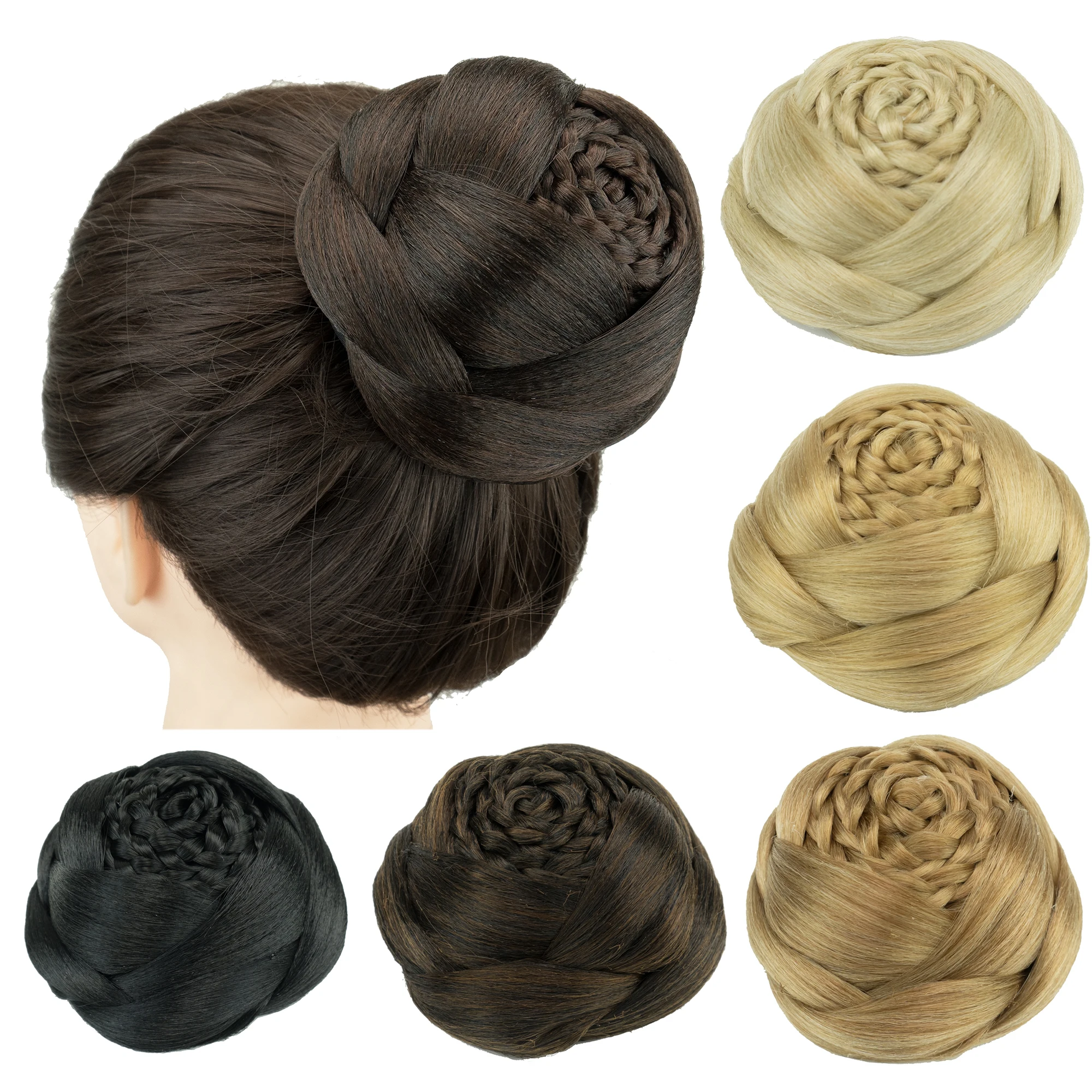 

Brown Blonde Braided Clip In Fake Hair Buns Synthetic Hair Chignon Fast Donut Bun Hairpieces for Women