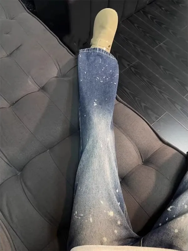 

Мужские джинсы с синими брызгами краски и эффектом потертости, американский модный бренд, стиль High Street, прямые брюки с микро-клешем, повседневные, из хлопка.