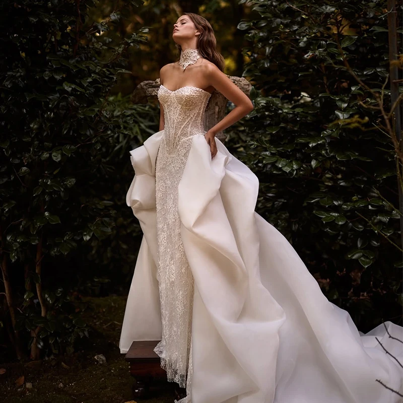 

Romantic Weddingdress Detachabletrain Organza With Embroidery Bead Mermaid Bride Sleeveless Strapless Customized Vestido De Novi