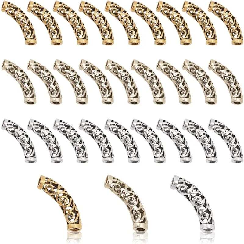 

30pcs 3 Colors Curved Tube Beads Twist Tube Slide 32mm Metal Loose Spacers Hollow Noodle Beads Style Beads for Jewelry