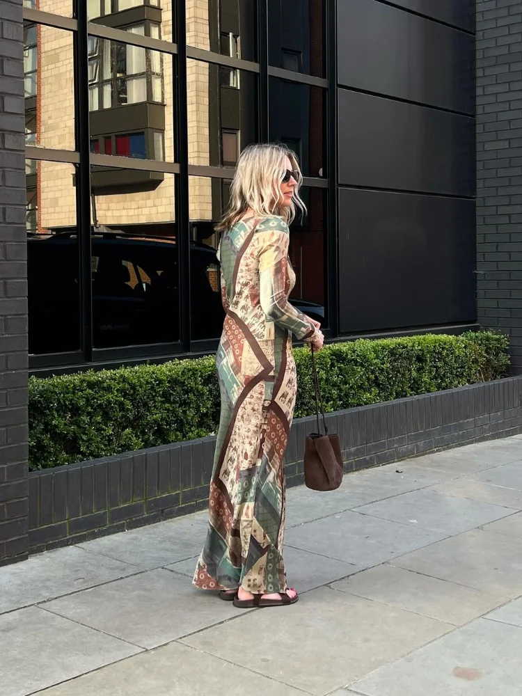 Chic Print Bodycon Long Dress For Women Fashion Long Sleeve V-neck Maxi Dresses 2024 Summer Lady Vacation Street Robes