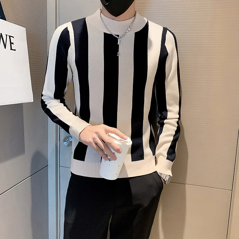 Autumn and Winter New Men's Stripe Round Collar Sweater Male Korean Version Casual All-match Knitted Bottoming Shirt S-3XL