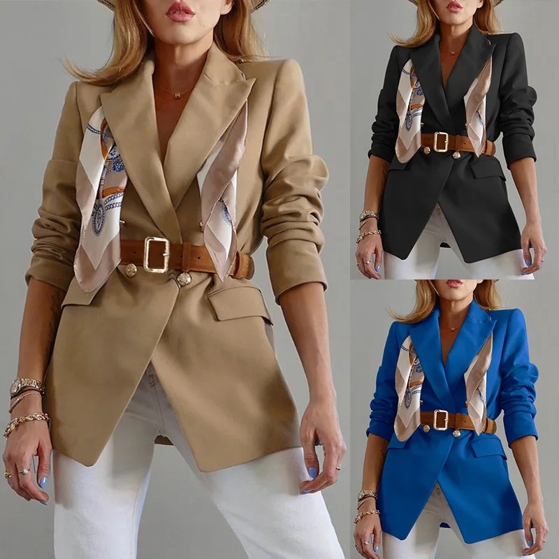 Y2K Elegant Long Sleeve Lapel Collar Double Breasted Button Loose Jacket Coat Outwear Autumn Winter Women Blazer with Belt