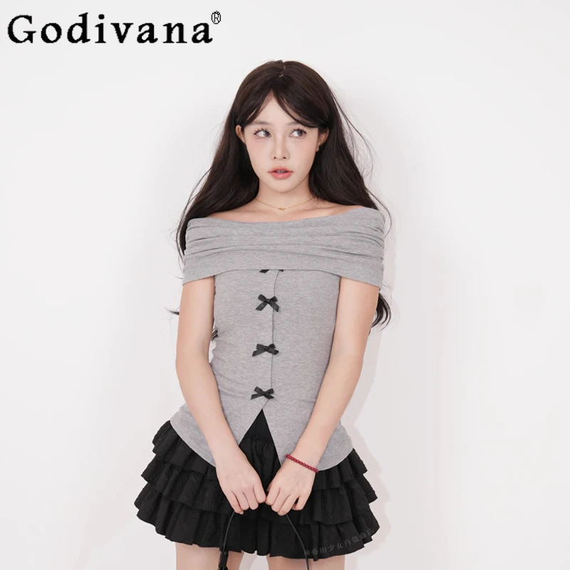 

Elegant Slash Neck Knitted Sweater Girl Sweet Bow Summer Slimt T-shirt Split Hem Fashionable Versatile Age-reducing Korean Top