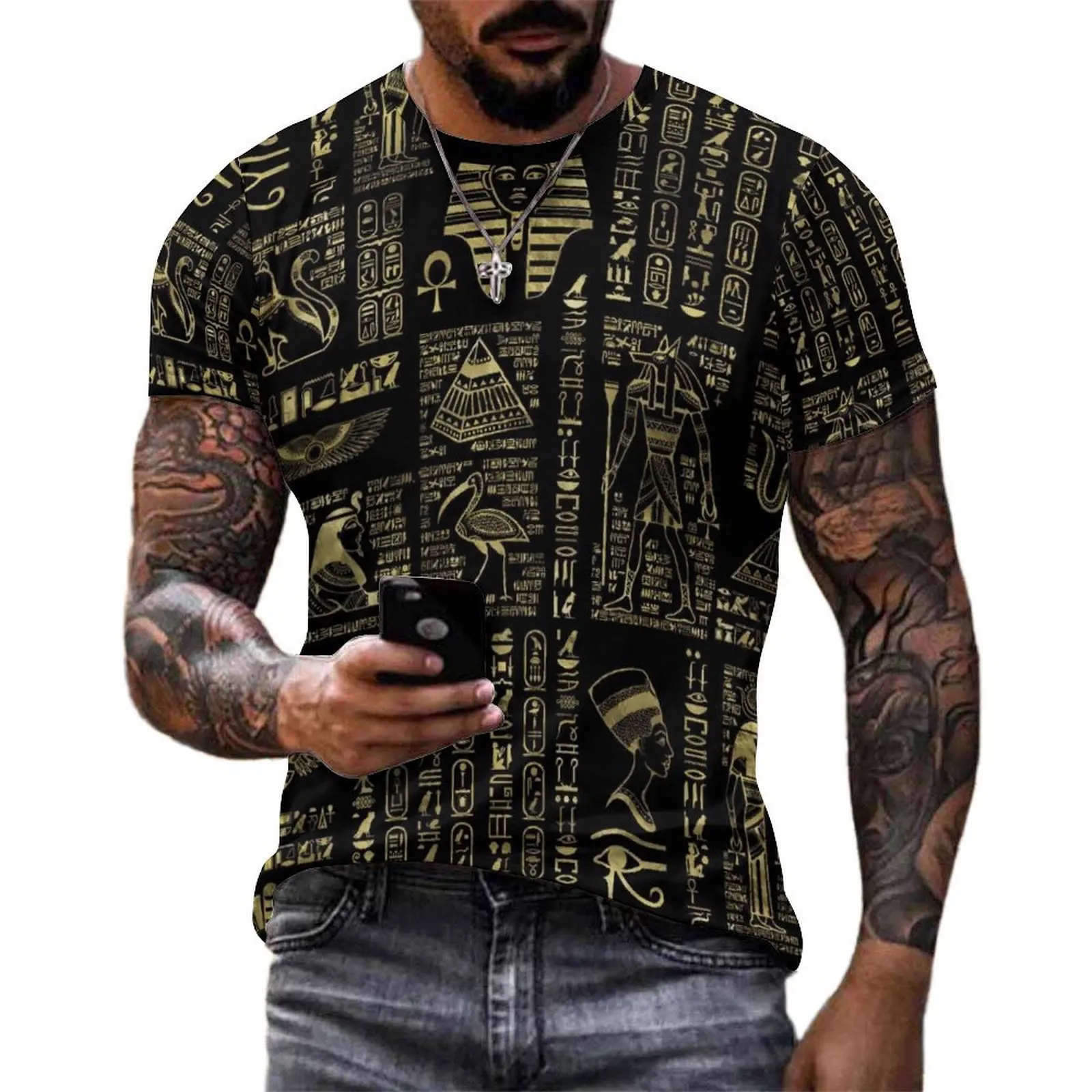 Retro Letter Print T-Shirt Egyptian Hieroglyphs Casual T Shirts O Neck Harajuku Tee Shirt Summer Man Graphic Clothes Plus Size