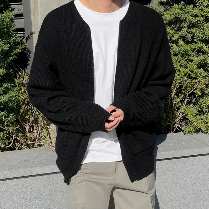 كارديجان رجالي منسوج بأكمام طويلة ورقبة دائرية ، سترة بسحاب ، جاكيت فضفاض وغير رسمي ، معاطف أحادية اللون ، موضة الخريف والشتاء ، جديد #2