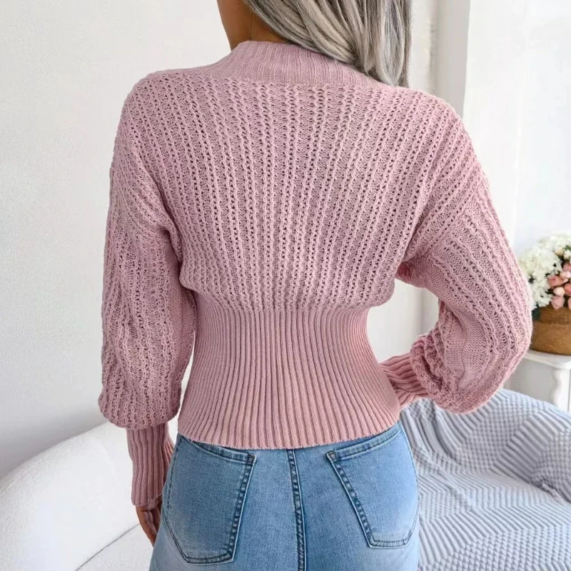 Autumn Winter Hollow Out Sexy V-neck Bat Sleeve Waist Women's Pullover Short Sweater New Knitted Top Elegant Solid Knitwear