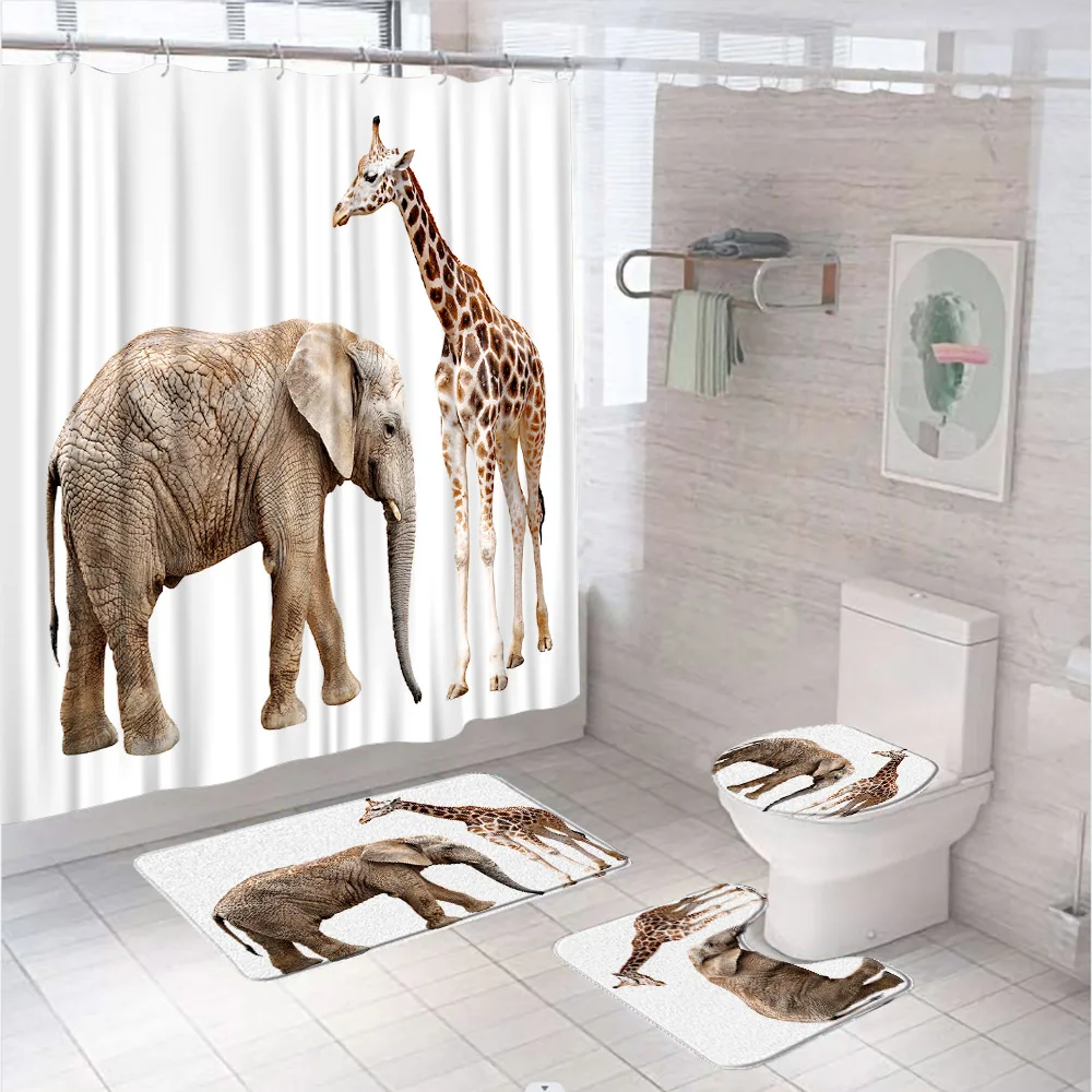 

Funny Giraffe Elephant Shower Curtain Sets African Wildlife Safari Animal Bathroom Curtains Non-Slip Bath Mats Rug Toilet Cover