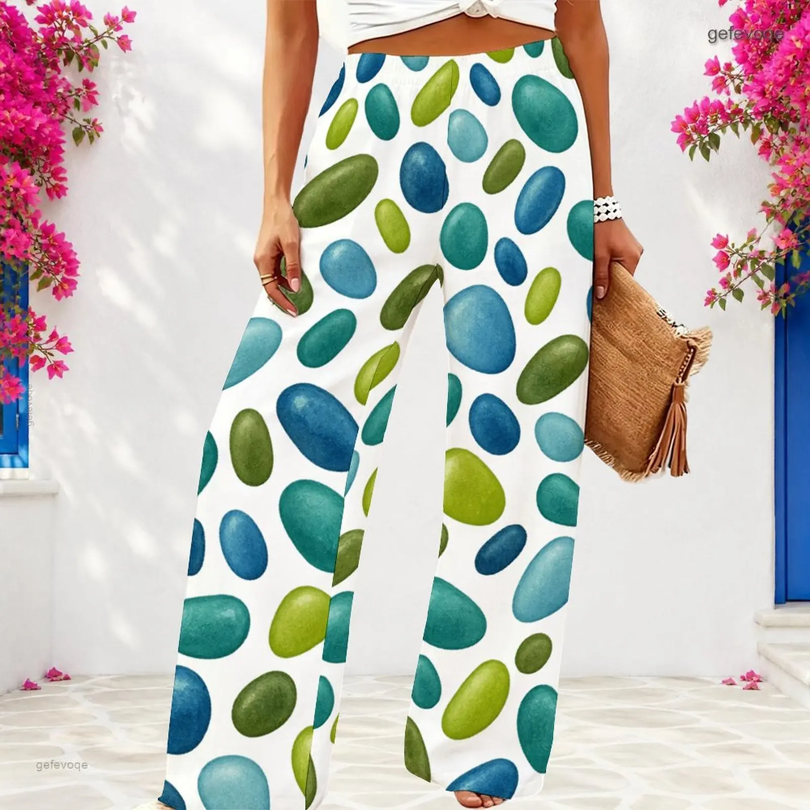 Women Loose Full Length Wide Leg Pants, Printed Green Blue Irregular Oval Pattern on White Background