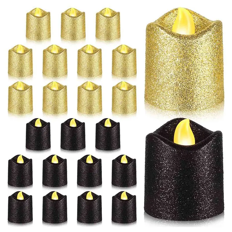 ABUL-48 Packs Gold Flameless Votive Candles Black Glitter LED Tealights Battery Operated Tea Lights Warm Yellow Light Holder