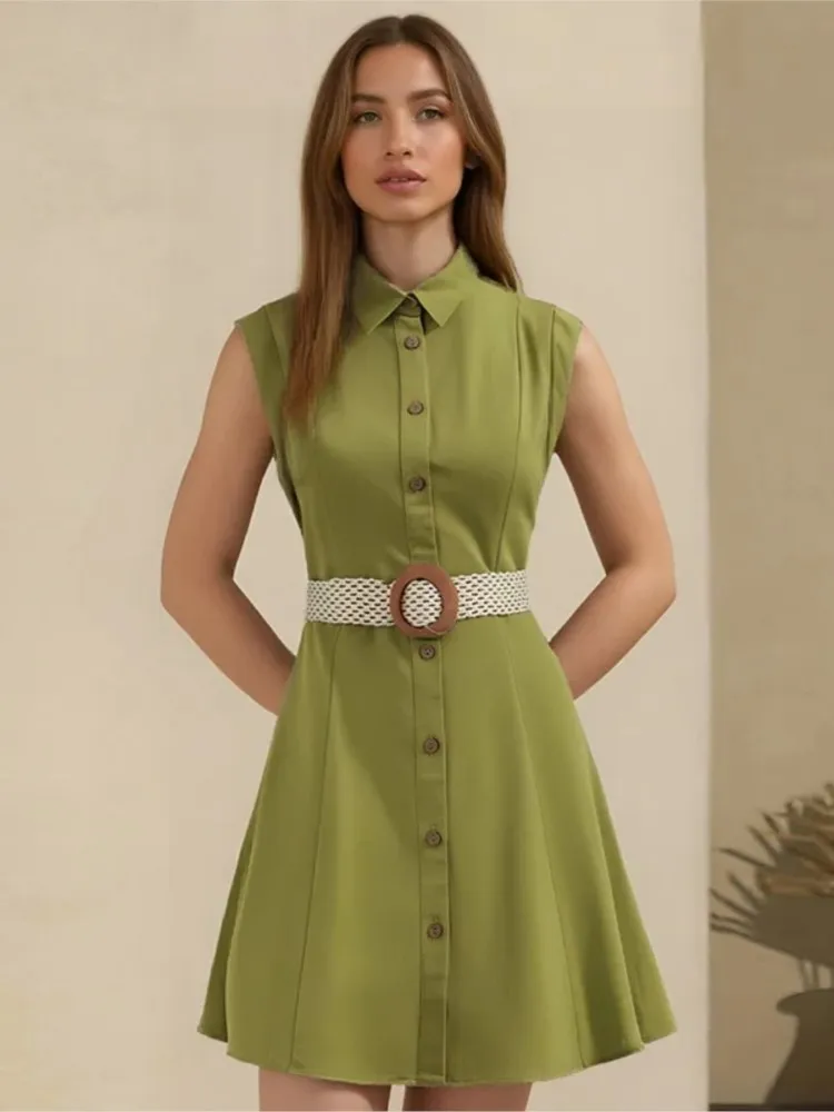 셔츠 짧은 드레스 여성 패션 간단한 민소매 리넨 민소매 벨트 미니 드레스 2025 새로운 여름 싱글 브레스트 드레스