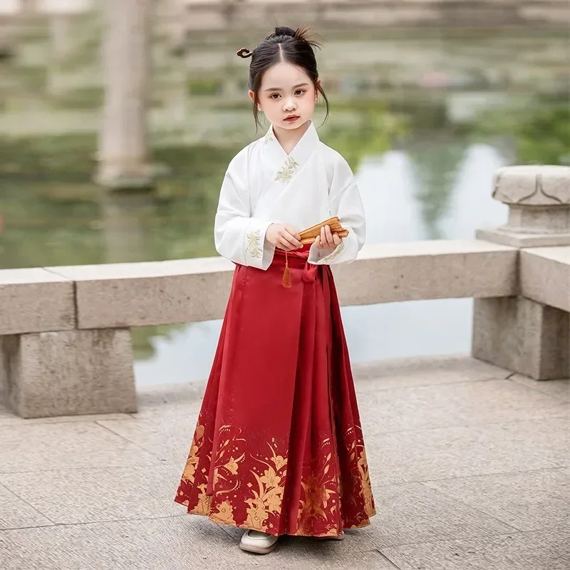 Falda de cara de caballo tradicional china Vintage para niñas, conjunto de Hanfu para niños, ropa de baile para niños, ropa de actuación de fotografía, Cosplay