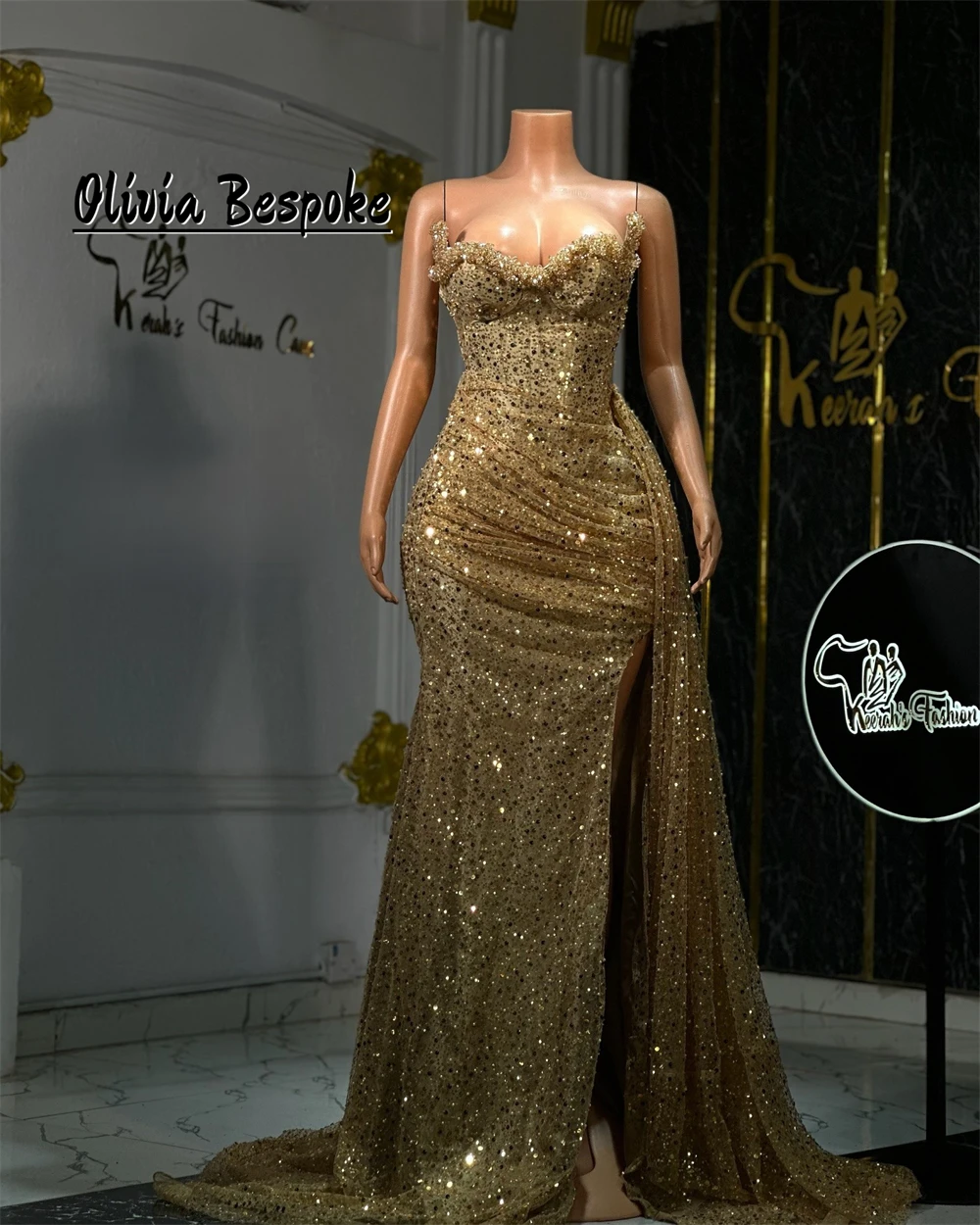 

Elegant Gold Mermaid Evening Dresses Beading Diamonds Pearl Wedding Reception Gown Birthday Dress Vestidos De Noche Customized