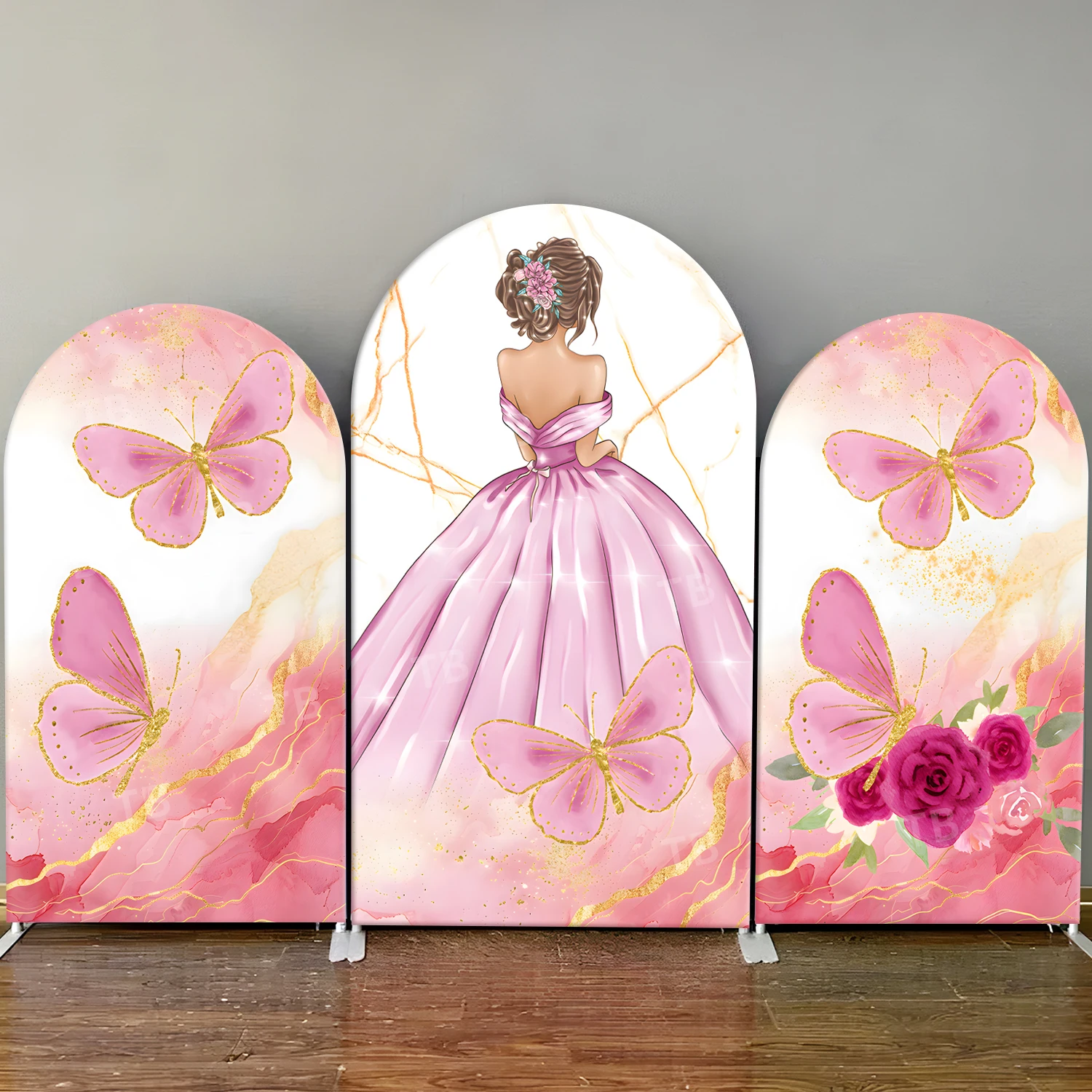 

TB Quinceanera Arch Backdrop Cover Pink Butterfly Marble for Girls 15/16th Birthday Party Decor Photography Background Wall Prop