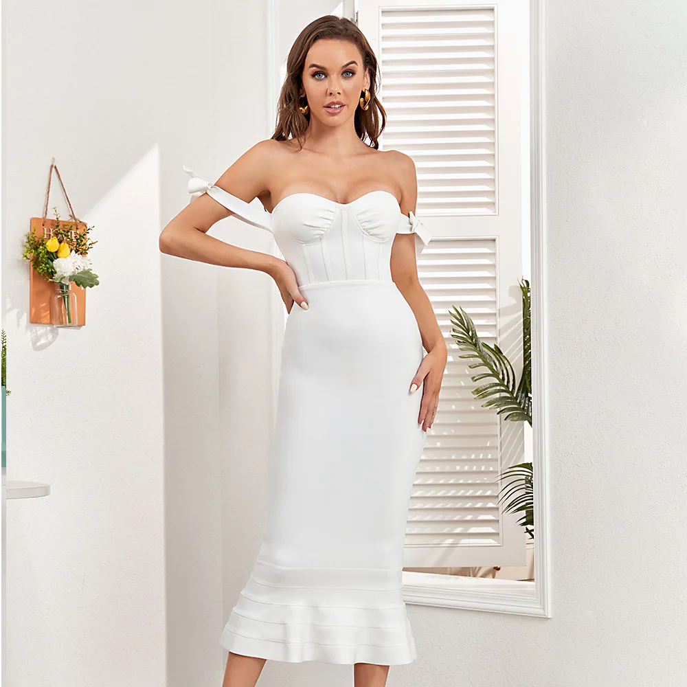 2026 Lunghezza caviglia Spalla Top a tubo Fasciatura sexy Abito a coda di pesce Cinghie strette Abito da sera per banchetti Abbigliamento da donna