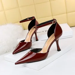 BIGTREE Summer Women 8cm High Heels Burgundy Leather Sandals Gladiator Nightclub Sandles Lady Low Heels Ankle Strap Party Shoes