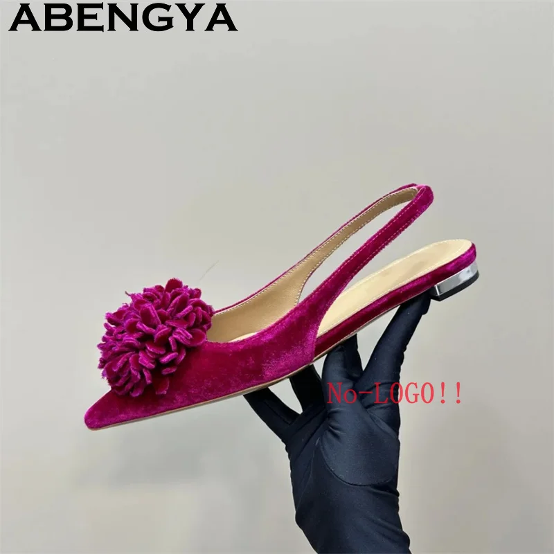 

ABENGYA Pointy Toe Shallow Mouth Flat Sandals Women Velvet Hairball Flower Designer Sandals Summer Fashion Party Shoes Mujer