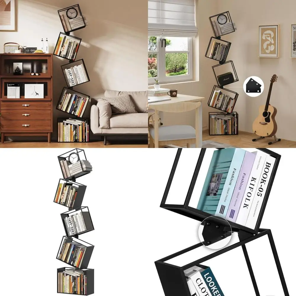 

Modern 5-Tier Slim Metal Bookshelf - Space-Saving Floor Organizer for Home, Office, Corner in Black