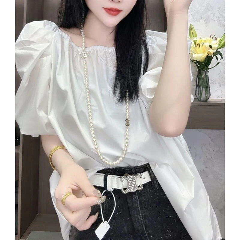 Summer New Round Neck Solid Color Loose Casual Shirt Female Puff Short Sleeve Sexy Fashion One Word Collar All-match Blouse Top