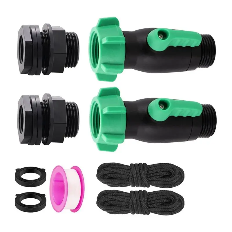 AEE8-Rain Barrel Spigot Kit 2 Pack 180 Degree 3/4Inch GHT Plastic Water Hose Shut Off Valve With Bulkhead Fitting Rain Barrel