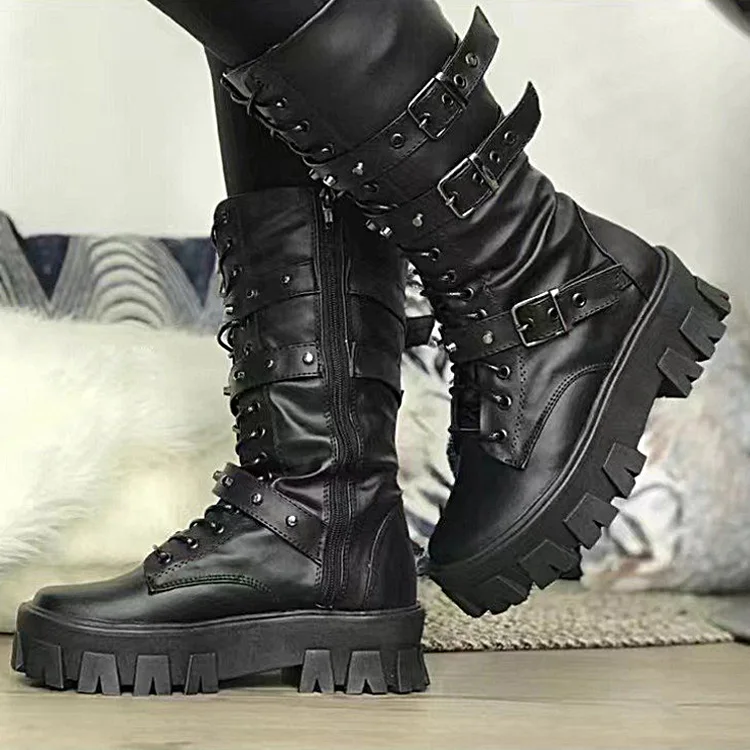 Punk Women Boots Zipper Motorcycle Boots Mid-Calf Boot 2026 Autumn Winter Women Biker Boots Platform Heel Ladies Shoes New Botas