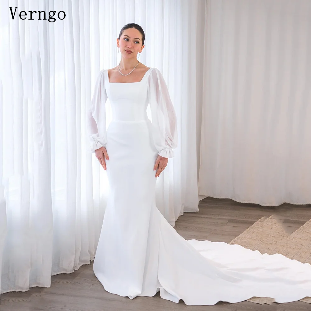 

Verngo White Crepe Wedding Dress Square Collar Mermaid Bridal Gowns Simple Modest Bride Dresses Customized