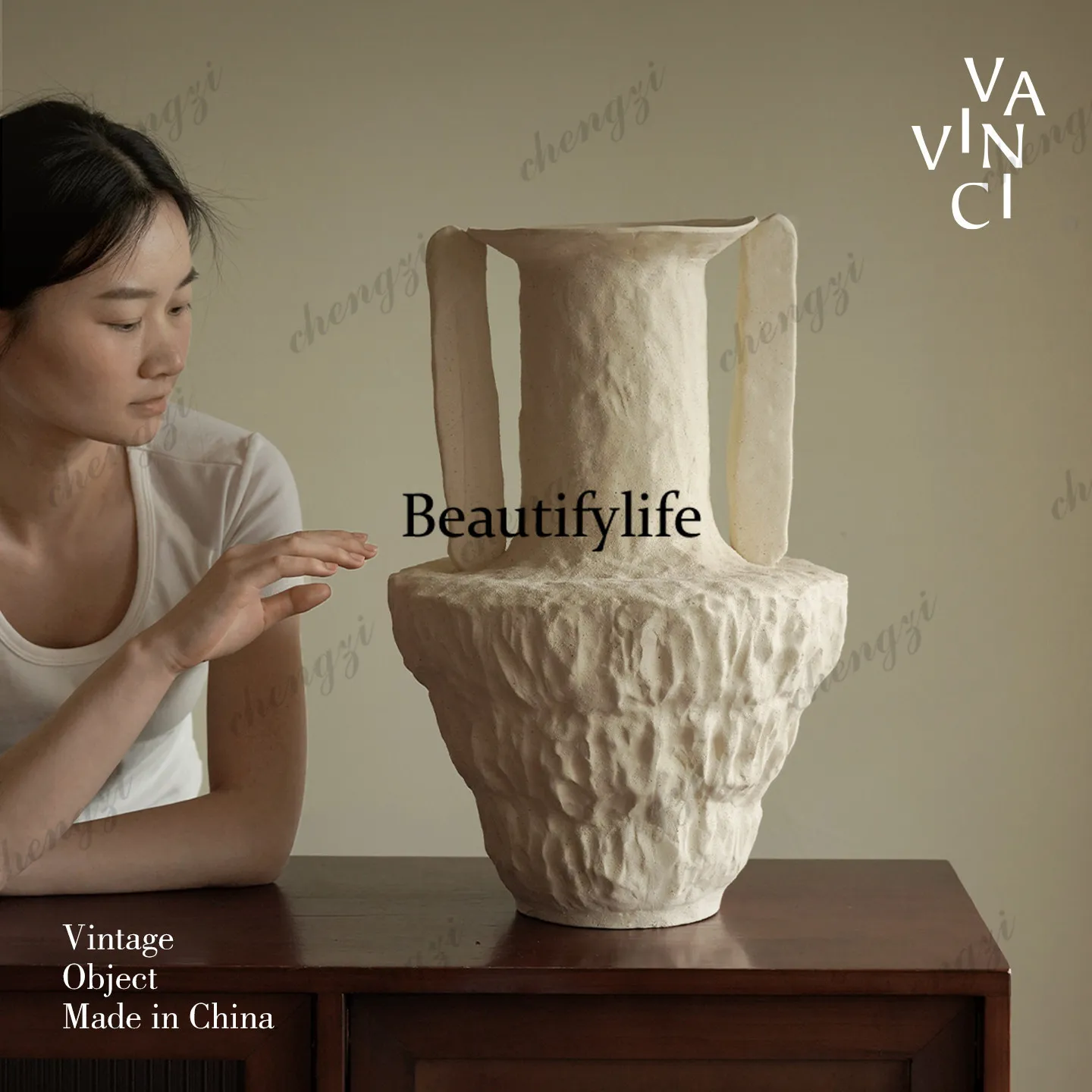 Grainy handmade ceramic large vase white binaural flower arrangement living room flower arrangement
