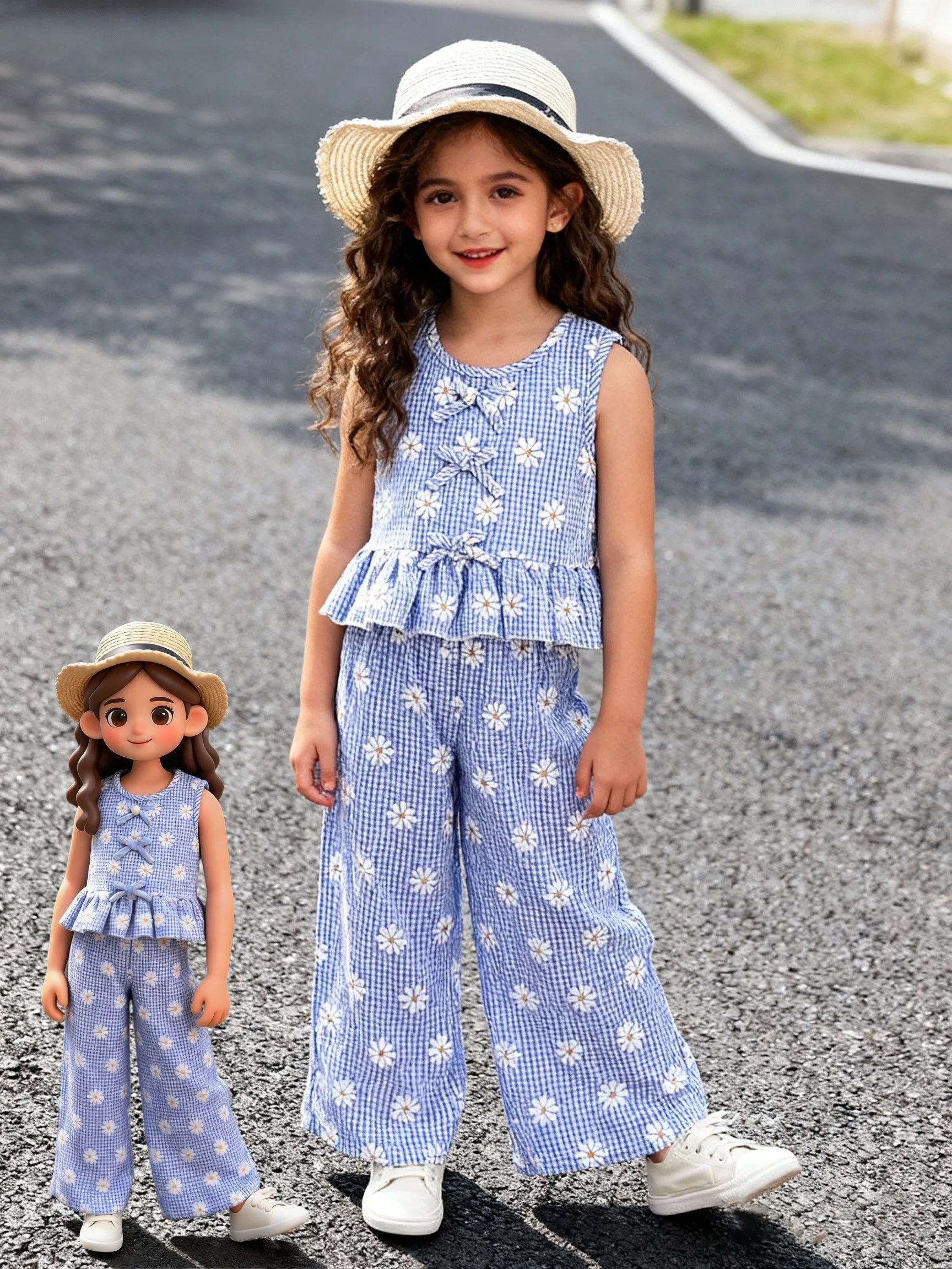 Comfy Kids Girls 2-Piece Set, Breathable Gingham Daisy Print Sleeveless Top + Wide Leg Pants for Beach & Outdoor
