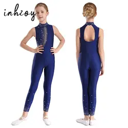 Kids Girl Sleeveless Figure Skating Full Bodysuit Jumpsuit Ballet Dance Gymnastics Leotard Tank Rhinestones Tank Unitard Costume