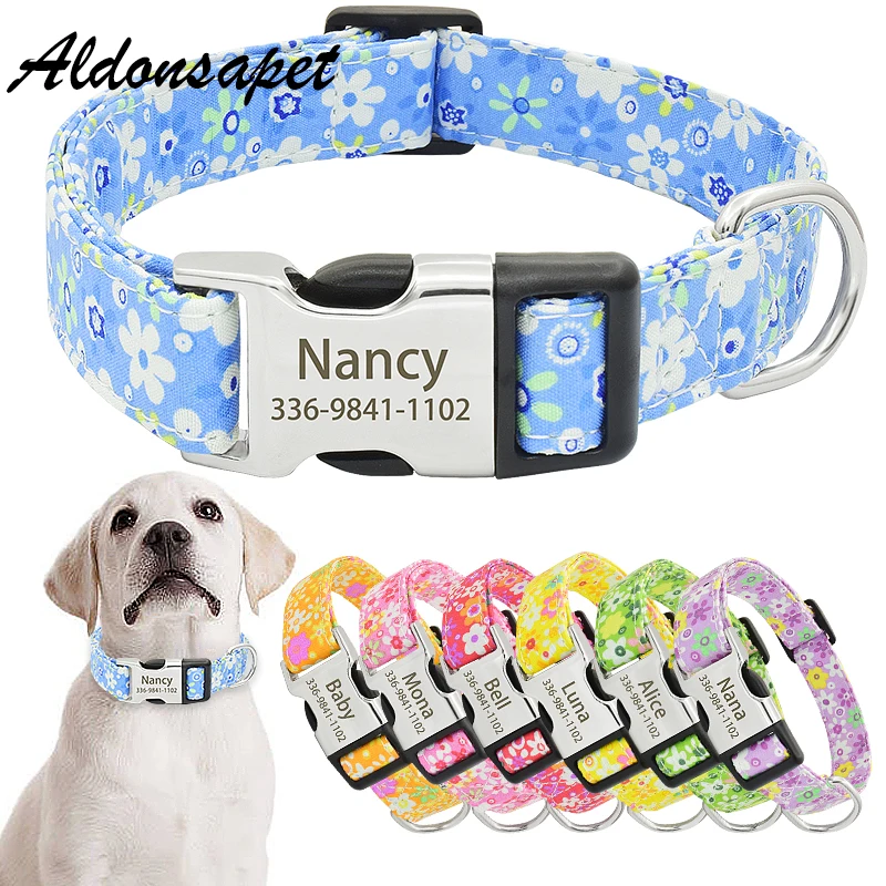 Personalized Flower Dog Name Collar Engraved Buckle Custom Soft Adjustable Floral Pet Dog Collar for Small Medium Large Dogs