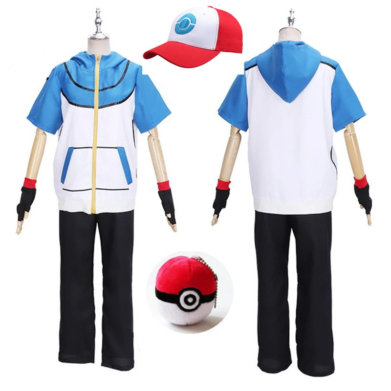 성인 Ash Ketchum 애니메이션 트레이너 코스프레 의상 남성과 여성을위한 블루 자켓 모자와 장갑 할로윈 코스프레