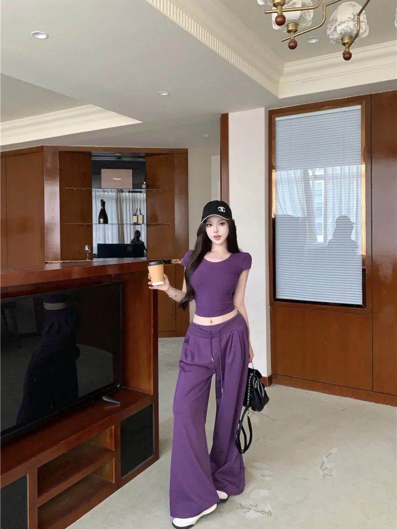 

Summer Casual Sportswear Set Slim Fit U-Neck Short Sleeve T-Shirt And High Waist Wide Leg Pants Two-Piece Set in Purple for W...