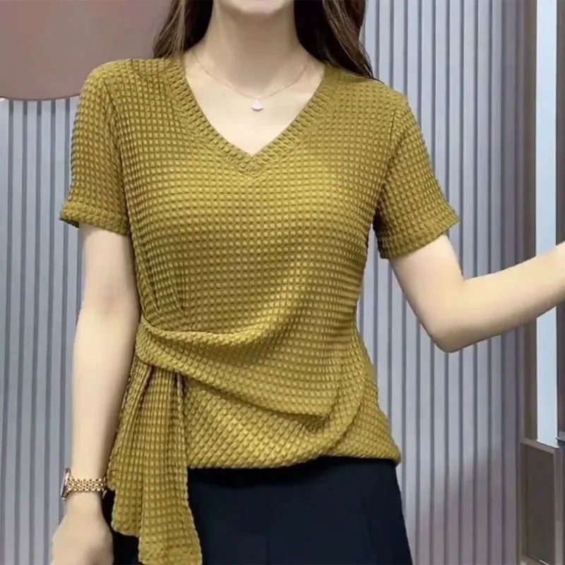 

Summer Elegant V-Neck Stylish Folds Patchwork T-shirt Solid Color Slim Female Clothing All-match Casual Short Sleeve Pullovers