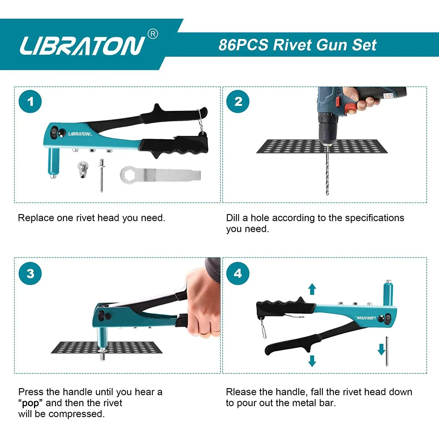 LIBRATON 금속 리벳 건 키트, 팝 리벳 건, 드릴 비트 4 개, 헤비 듀티 핸드 리벳 건 도구, 80PCs