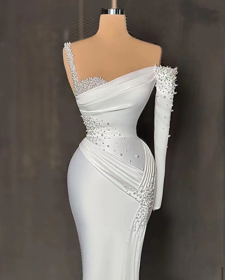 2023 New White One Shoulder Mermaid Prom Dress Puff Long Sleeves Sweep Train Sequins Beads Formal Evening Gowns Custom