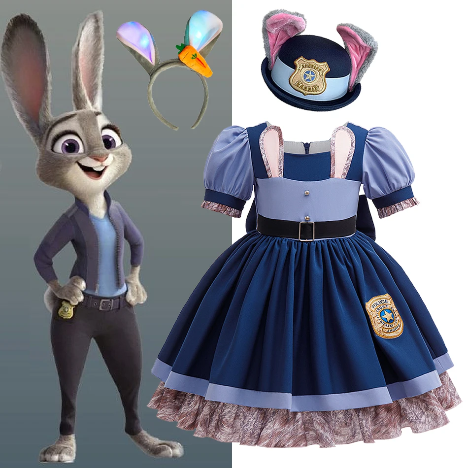 ديزني زوتوبيا 2 جودي هوبس تأثيري فستان الأميرة الفتيات ضابط الأرنب دور اللعب فستان الأطفال كرنفال حفلة عيد ميلاد زي